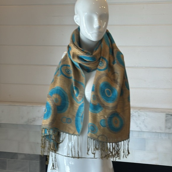 Reversible Turquoise & Brown Circle Print Fringe Pashmina Wrap Scarf or Sarong - Picture 6 of 13